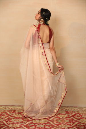 Rashika Sharma-Peach Saree with Maroon Halter Blouse - Image 2