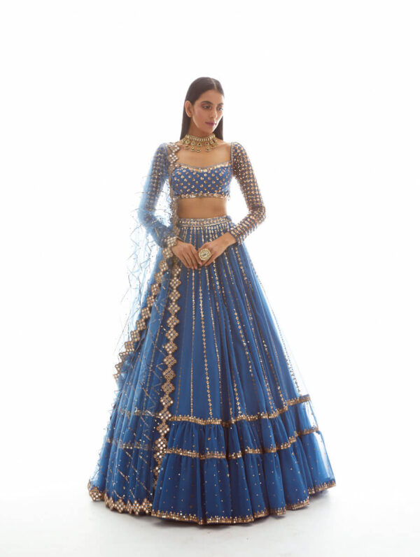 Vvani vats- DULL BLUE LINEAR DROP TIER lehenga