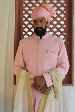 rng safawala- Candy Pink Chikan Sherwani Ensemble - Image 3