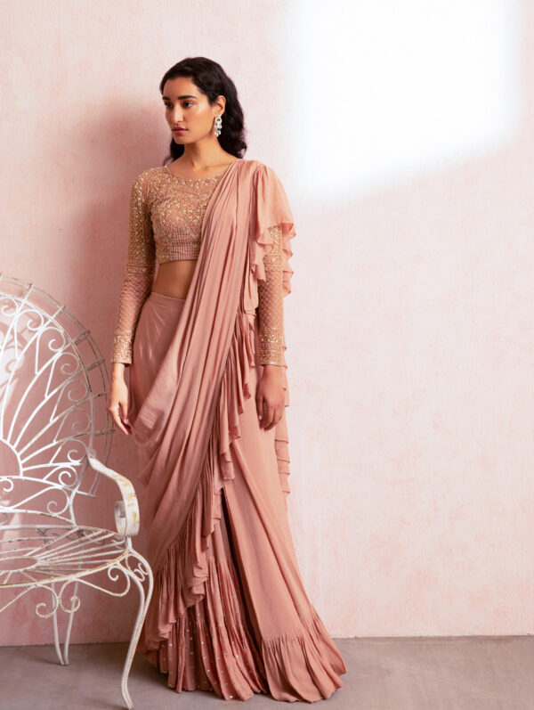 Chamee and Palak pre pleated crepe ruffle saree
