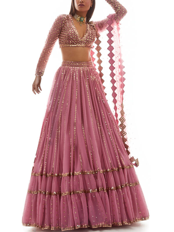 VVANI VATS- DULL PINK V NECK BLOUSE DOUBLE TIER LEHENGA SET