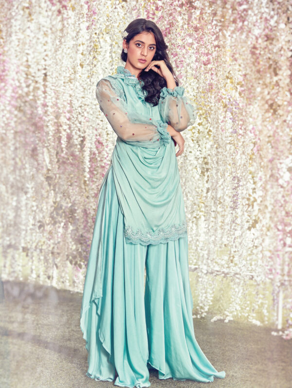 NAFFS - ETHER BLUE DRAPED SHORT KURTA SET