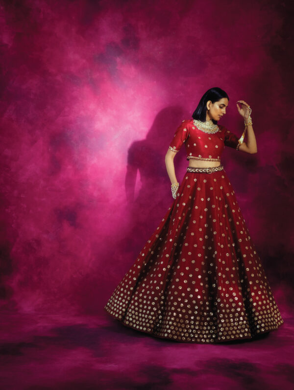 Vvani Vats- Brick red Flower Gradatio skirt Top set