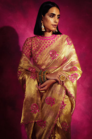 Vvani Vats- Mughal boota Gold Tissue Saree set - Image 3
