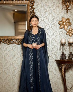 SANYA GULATI - Blue Bustier, dhoti pants and cape set - Image 2