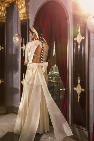 SANYA GULATI - HAND EMBROIDERED IVORY PEPLUM WITH SHARARA PANTS - Image 3