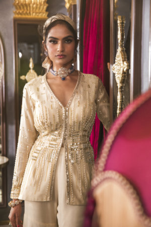 SANYA GULATI - HAND EMBROIDERED IVORY PEPLUM WITH SHARARA PANTS - Image 2