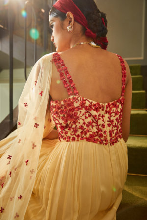 SANYA GULATI - IVORY AND RED CHERRY BLOSSOM PRINTED BUSTIER YOKE GOWN - Image 2