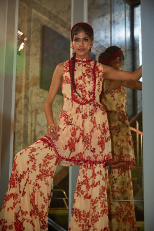 SANYA GULATI - IVORY AND RED CHERRY PRINTED KURTA AND SHARARA PANTS - Image 2