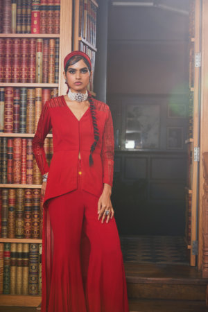 SANYA GULATI - RED EMBROIDERED ASYMMETRIC TOP WITH FLARED PANTS - Image 3
