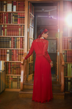SANYA GULATI - RED EMBROIDERED ASYMMETRIC TOP WITH FLARED PANTS - Image 2