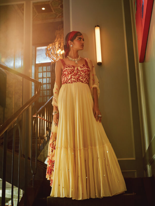 SANYA GULATI - IVORY AND RED CHERRY BLOSSOM PRINTED BUSTIER YOKE GOWN