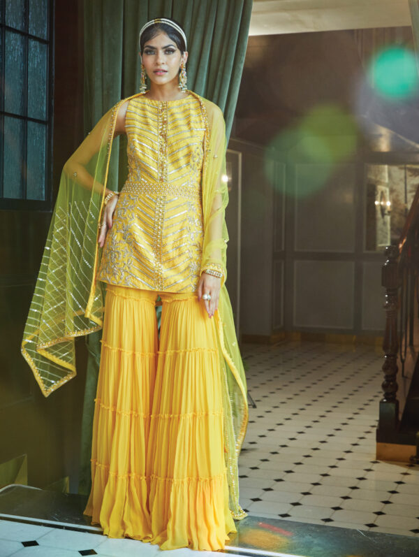 SANYA GULATI - MANGO SHORT KURTA AND TIERED SHARARA PANTS WITH DUPATTA