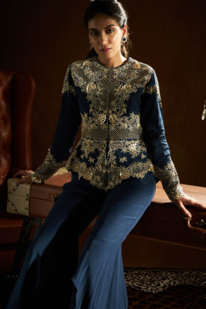 SANYA GULATI - BLUE PEPLUM JACKET FLARED PANTS SET - Image 3