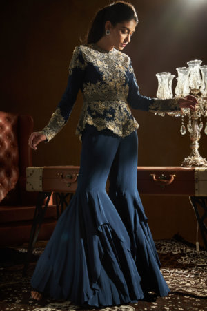 SANYA GULATI - BLUE PEPLUM JACKET FLARED PANTS SET - Image 4