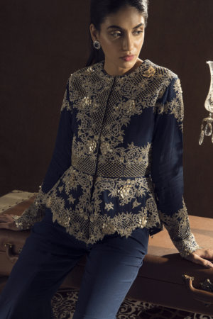 SANYA GULATI - BLUE PEPLUM JACKET FLARED PANTS SET - Image 5