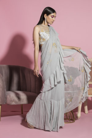 SANYA GULATI - GREY EMBROIDERED RUFFLE SAREE AND BLOUSE - Image 3