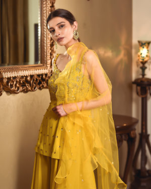 SANYA GULATI - MUSTARD SHORT SHIRT AND PALAZO SET - Image 3