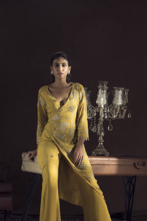 SANYA GULATI - MUSTARD KIMONO WRAP KURTA AND PANTS - Image 2