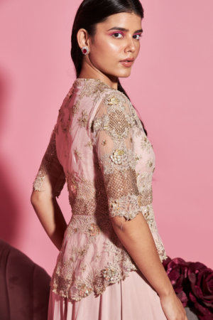 SANYA GULATI - NUDE PINK PEPLUM JACKET AND PLAZO - Image 2