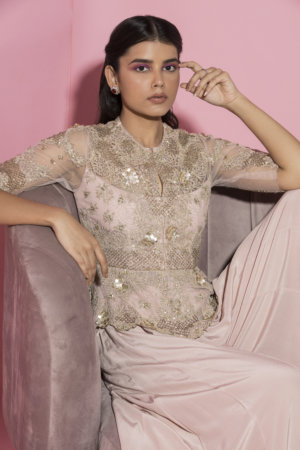 SANYA GULATI - NUDE PINK PEPLUM JACKET AND PLAZO - Image 3
