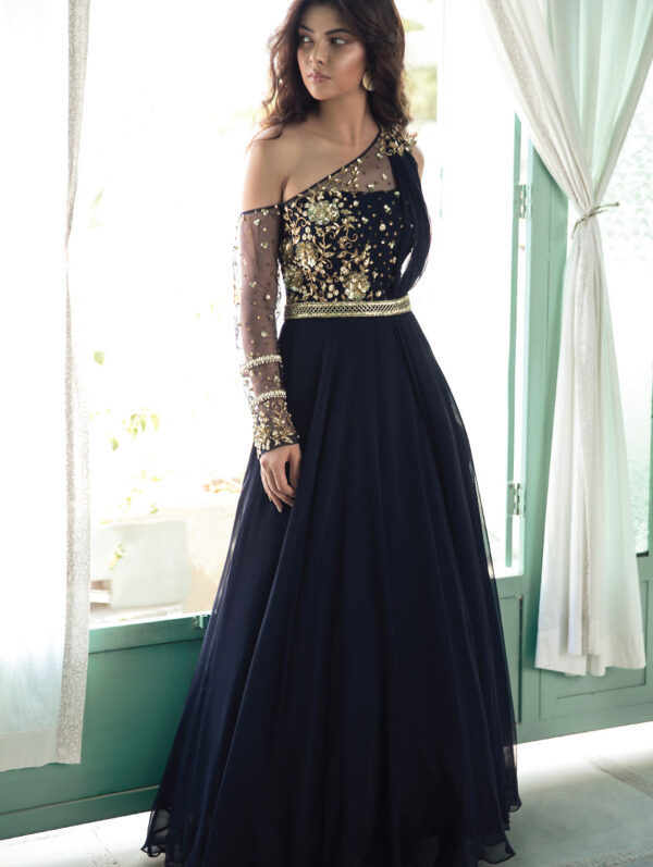 Sanya Gulati - Midnight blue one shoulder gown with attached dupatta