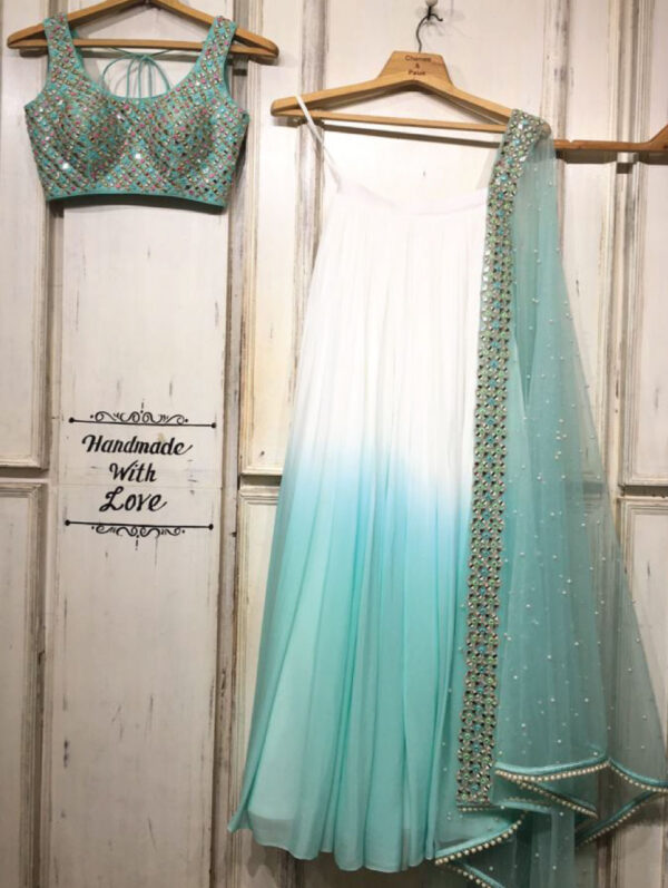 Chamee & Palak - Ombre white and blue crepe lehenga