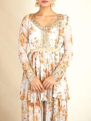 Astha Narang - Ivory Printed Peplum With Sharara Set - Image 5