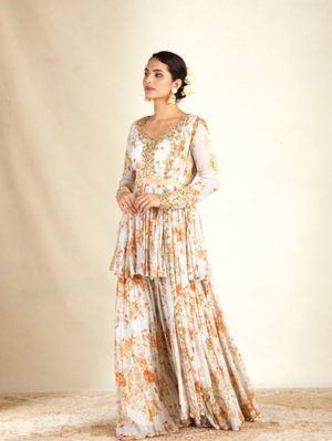 Astha Narang - Ivory Printed Peplum With Sharara Set - Image 2