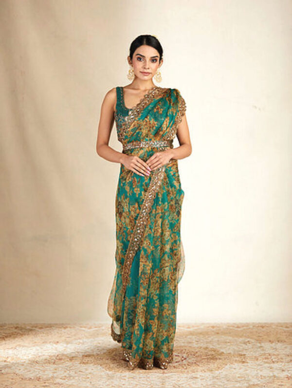 Astha Narang - Teal Green Embroidered Organza Saree