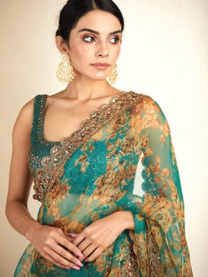 Astha Narang - Teal Green Embroidered Organza Saree - Image 4