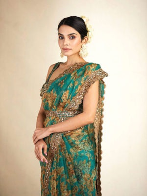 Astha Narang - Teal Green Embroidered Organza Saree - Image 5