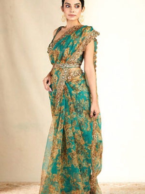 Astha Narang - Teal Green Embroidered Organza Saree - Image 2
