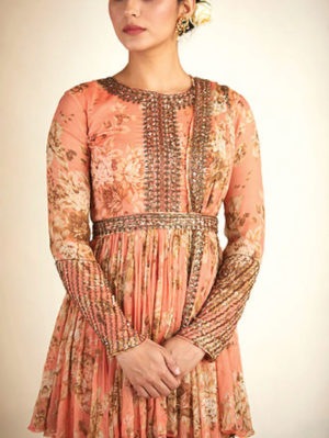 Astha Narang - Coral Printed Peplum Set - Image 2