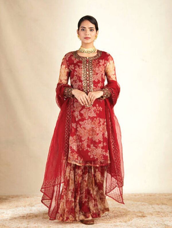 Astha Narang - Red Floral Printed Organza Kurti Set