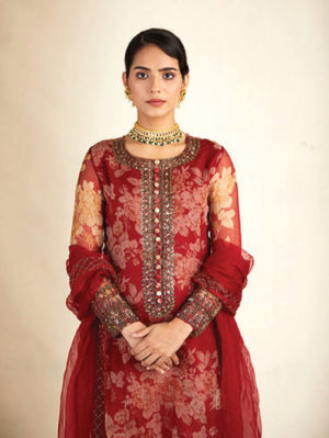 Astha Narang - Red Floral Printed Organza Kurti Set - Image 5
