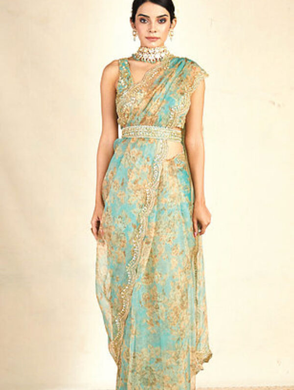 Astha Narang - Sky Blue Printed Organza Saree