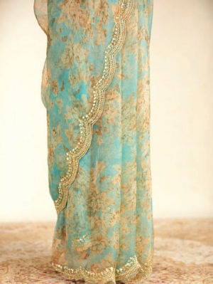 Astha Narang - Sky Blue Printed Organza Saree - Image 4