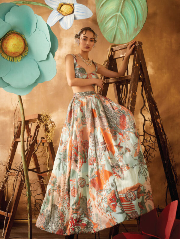 Aisha Rao - Powder blue Pastiche printed lehenga