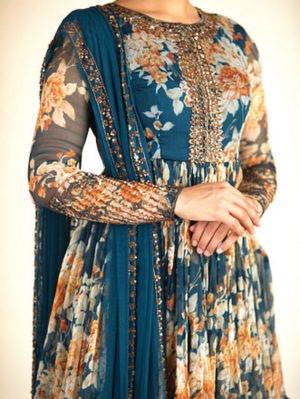 Astha Narang - Teal Blue Floral Short Peplum With Sharara Set - Image 3