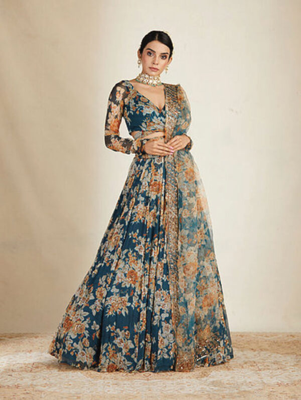 Astha Narang - Teal Blue Floral Printed Lehenga