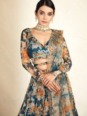Astha Narang - Teal Blue Floral Printed Lehenga - Image 2