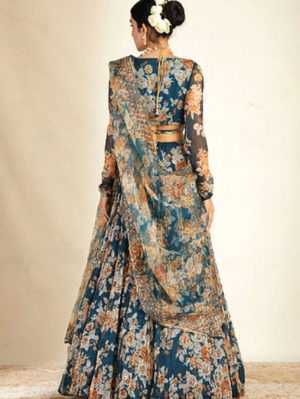 Astha Narang - Teal Blue Floral Printed Lehenga - Image 4