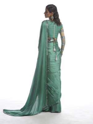 VVANI VATS - SAGE GREEN SATIN CHIFFON SAREE - Image 3