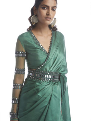VVANI VATS - SAGE GREEN SATIN CHIFFON SAREE - Image 2
