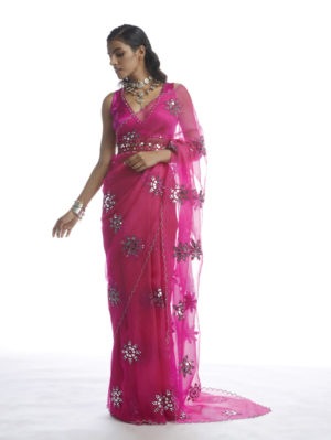 VVANI VATS - PEACOCK PINK MIRROR CUTWORK SAREE - Image 3