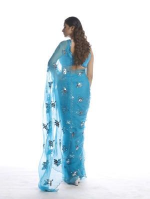 VVANI VATS - TURQUOISE BLUE MIRROR CUTWORK SAREE - Image 2