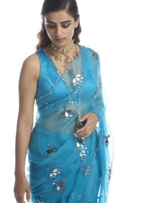 VVANI VATS - TURQUOISE BLUE MIRROR CUTWORK SAREE - Image 3