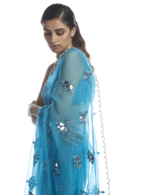 VVANI VATS - TURQUOISE BLUE MIRROR CUTWORK SAREE - Image 4