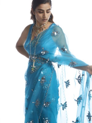 VVANI VATS - TURQUOISE BLUE MIRROR CUTWORK SAREE - Image 5